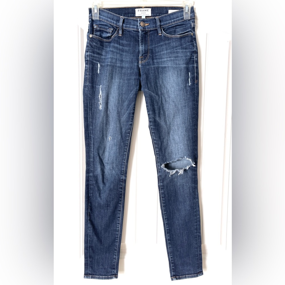 Frame Le Skinny de Jeanne Jeans blue distressed denim, Size 27